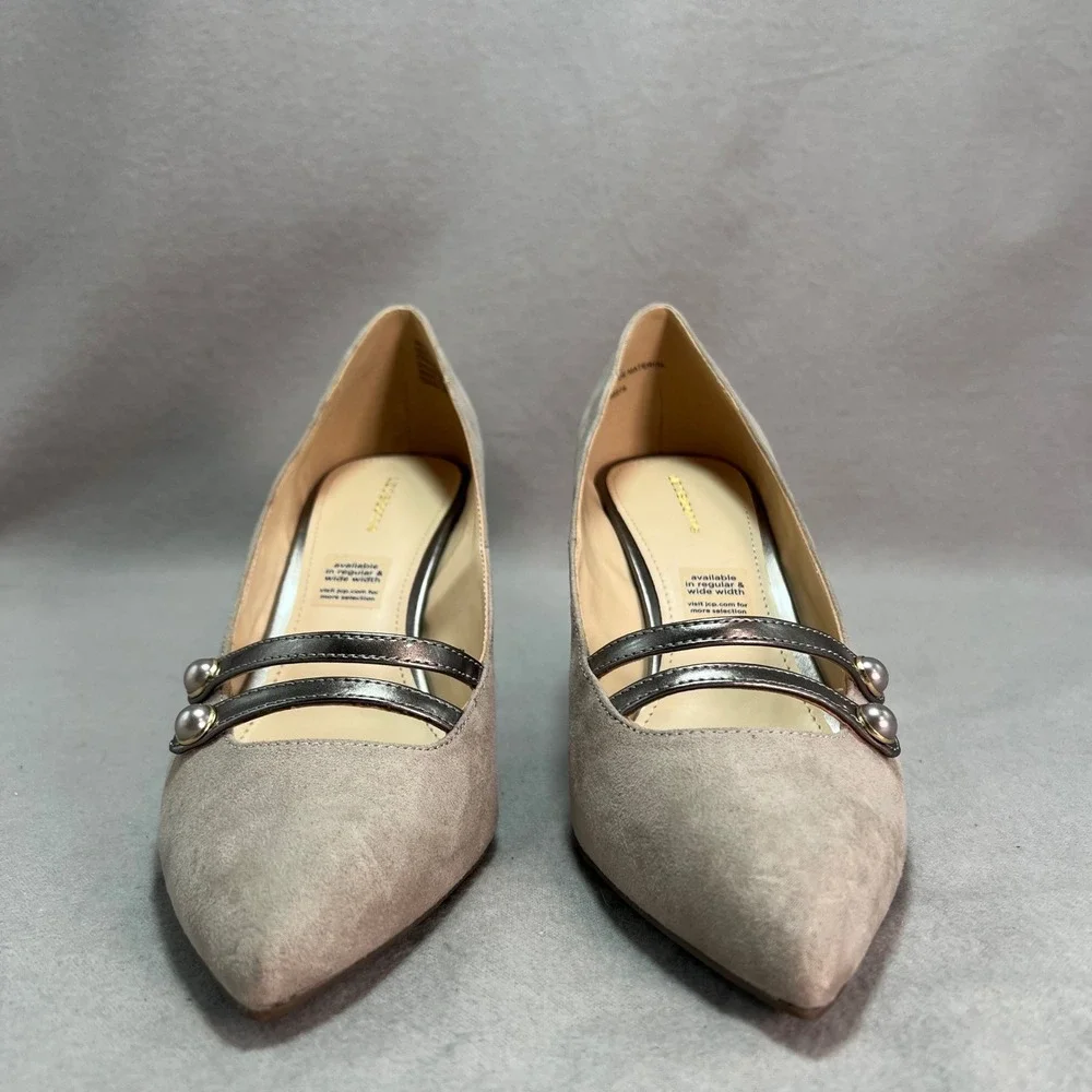 Liz Claiborne Pumps Koala Grey Faux Suede Pearl‎ Strappy Elegant Neutral 9 WIDE